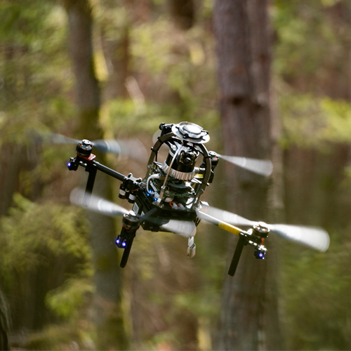 Professional drone flying in forest for aerial monitoring